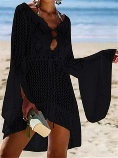 Summer Women Beachwear Sexy White Crochet Tunic Beach Wrap Dress