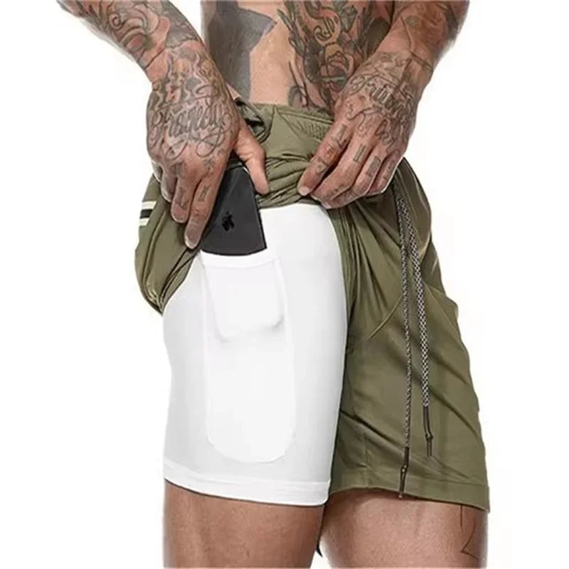 Men Fitness Built-In Pocket Sports Shorts Summer 2 in 1 Quick Dry Gym Beach wear