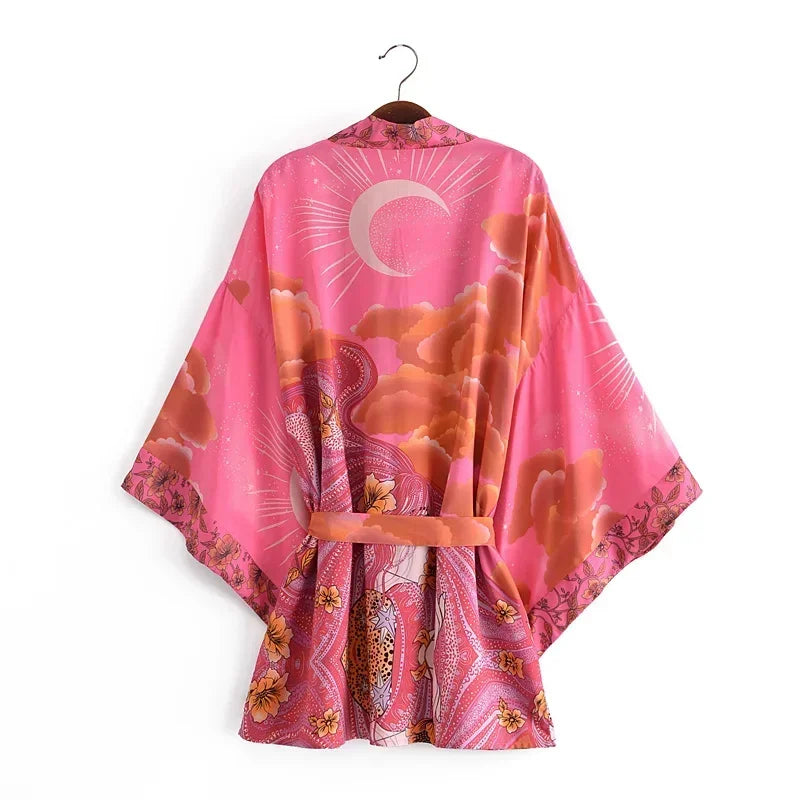 Boho Queens Women Floral Print Bat Sleeve Beach Bohemian Kimono Dresses