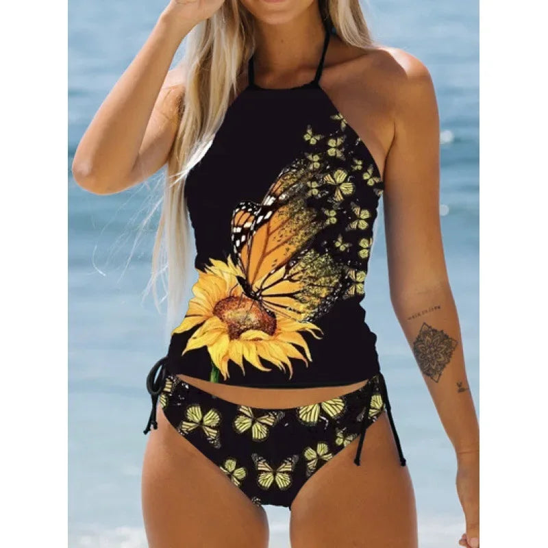 Women's Bathing Suit Coconut Drawstring Side Halter Neck Tankini Set Beach Wear