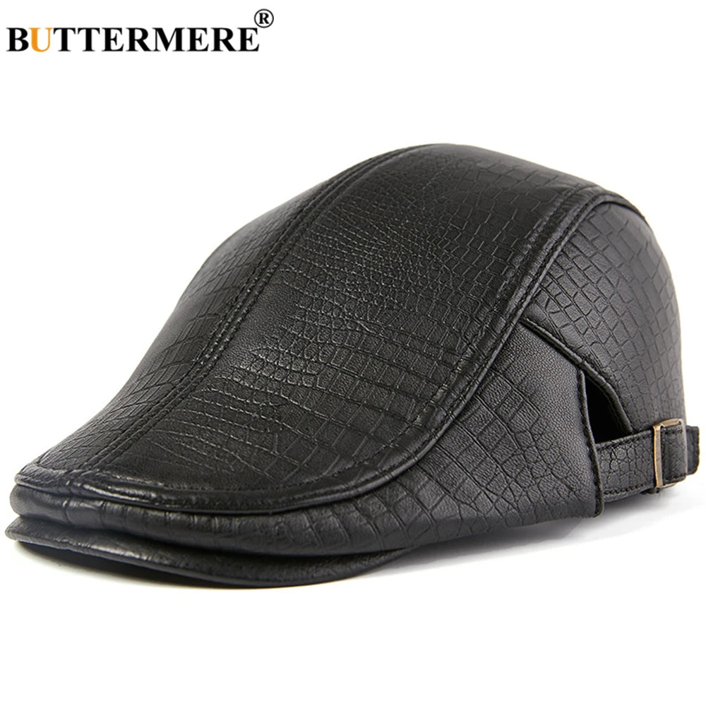 Men Beret Hat Real Leather Flat Cap Sheepskin Autumn Winter Male