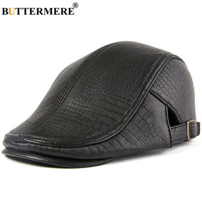 Men Beret Hat Real Leather Flat Cap Sheepskin Autumn Winter Male