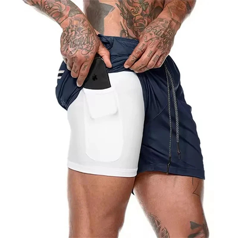 Men Fitness Built-In Pocket Sports Shorts Summer 2 in 1 Quick Dry Gym Beach wear