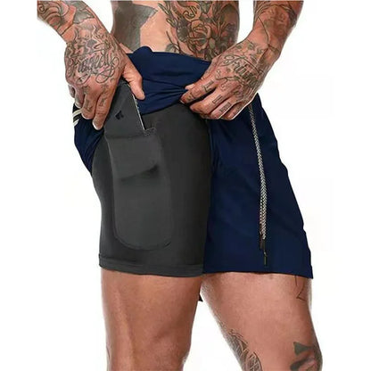Men Fitness Built-In Pocket Sports Shorts Summer 2 in 1 Quick Dry Gym Beach wear