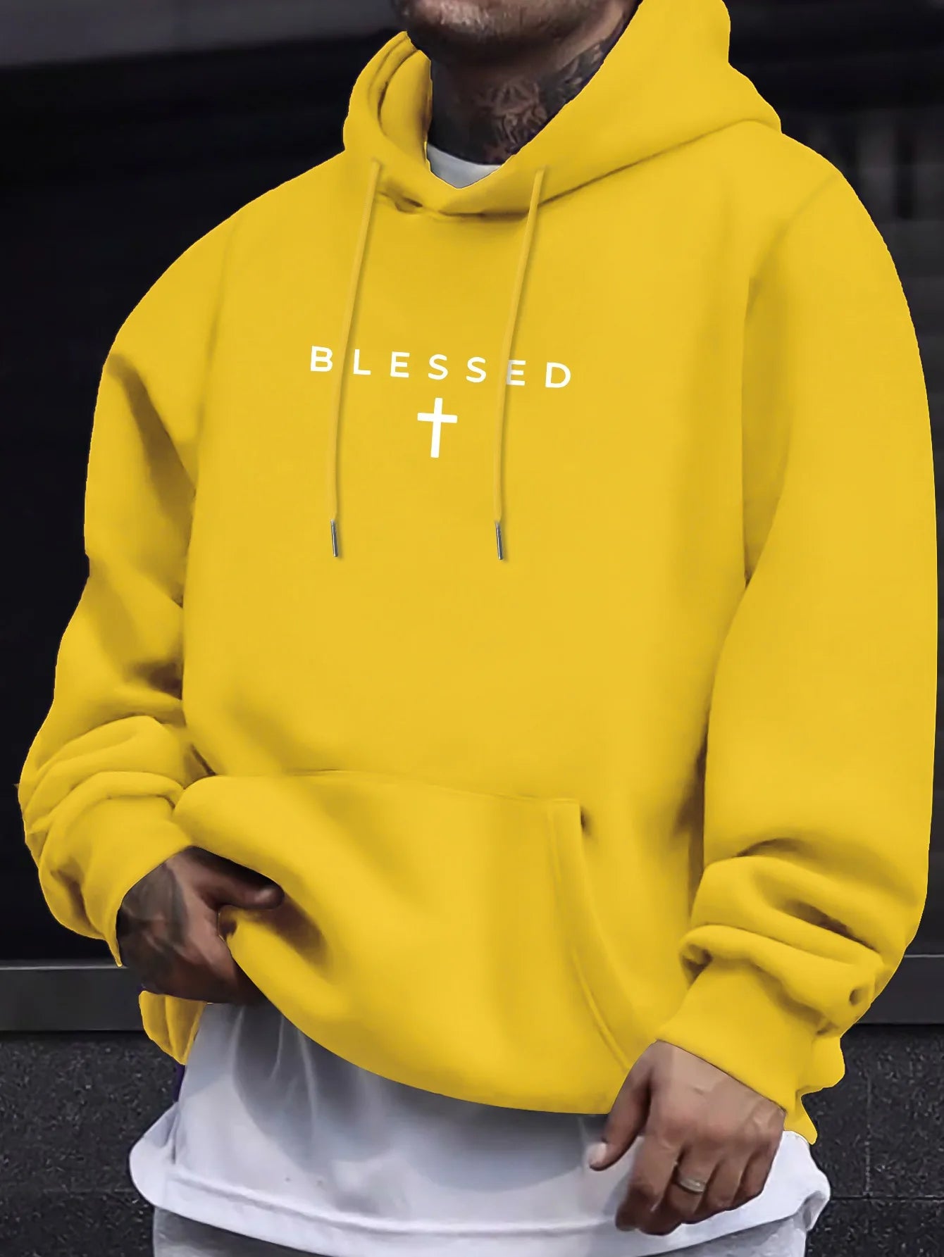 Casual Hooded Sweater With Blessing Cross Design and Geometric Patterns