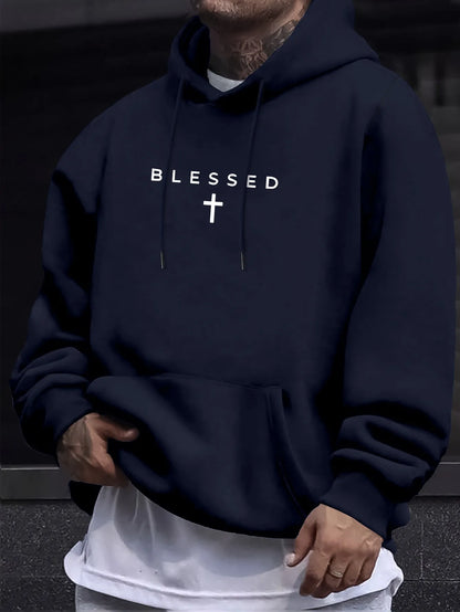 Casual Hooded Sweater With Blessing Cross Design and Geometric Patterns