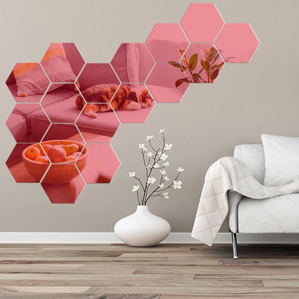 6/12pcs 3D Hexagon Mirror Wall Sticker Rose Gold DIY Room Stickers Wall Decor