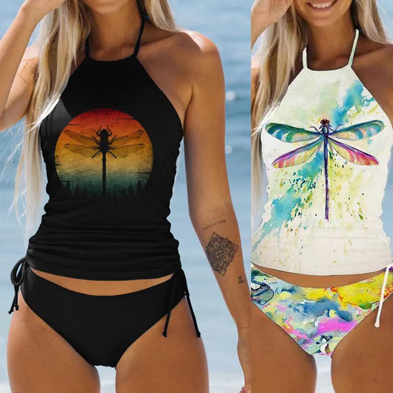 Women's Bathing Suit Coconut Drawstring Side Halter Neck Tankini Set Beach Wear
