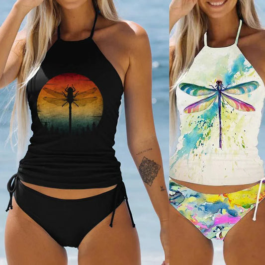 Women's Bathing Suit Coconut Drawstring Side Halter Neck Tankini Set Beach Wear
