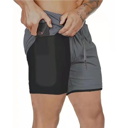 Men Fitness Built-In Pocket Sports Shorts Summer 2 in 1 Quick Dry Gym Beach wear
