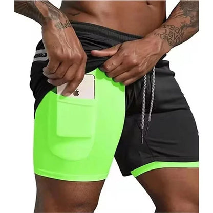 Men Fitness Built-In Pocket Sports Shorts Summer 2 in 1 Quick Dry Gym Beach wear