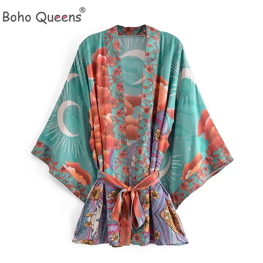 Boho Queens Women Floral Print Bat Sleeve Beach Bohemian Kimono Dresses