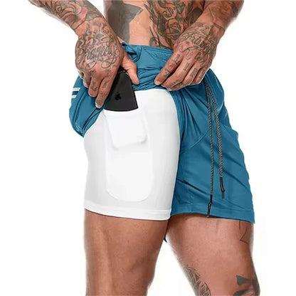 Men Fitness Built-In Pocket Sports Shorts Summer 2 in 1 Quick Dry Gym Beach wear
