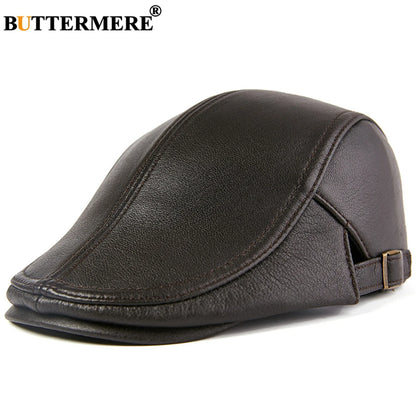 Men Beret Hat Real Leather Flat Cap Sheepskin Autumn Winter Male
