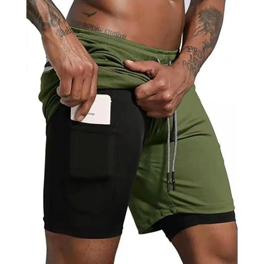 Men Fitness Built-In Pocket Sports Shorts Summer 2 in 1 Quick Dry Gym Beach wear