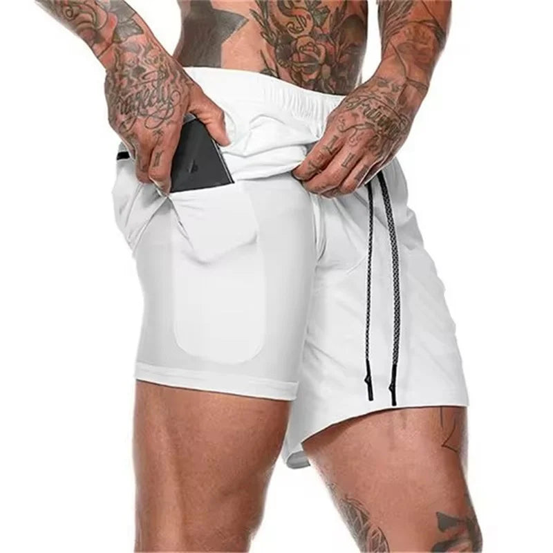 Men Fitness Built-In Pocket Sports Shorts Summer 2 in 1 Quick Dry Gym Beach wear