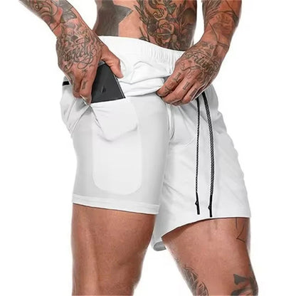 Men Fitness Built-In Pocket Sports Shorts Summer 2 in 1 Quick Dry Gym Beach wear