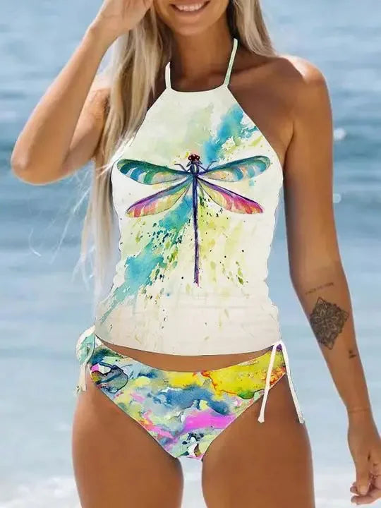 Women's Bathing Suit Coconut Drawstring Side Halter Neck Tankini Set Beach Wear