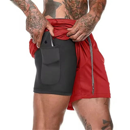 Men Fitness Built-In Pocket Sports Shorts Summer 2 in 1 Quick Dry Gym Beach wear