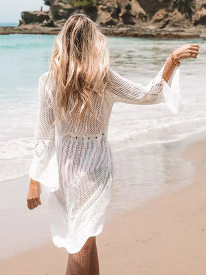 Summer Women Beachwear Sexy White Crochet Tunic Beach Wrap Dress