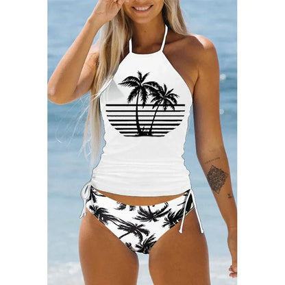 Women's Bathing Suit Coconut Drawstring Side Halter Neck Tankini Set Beach Wear