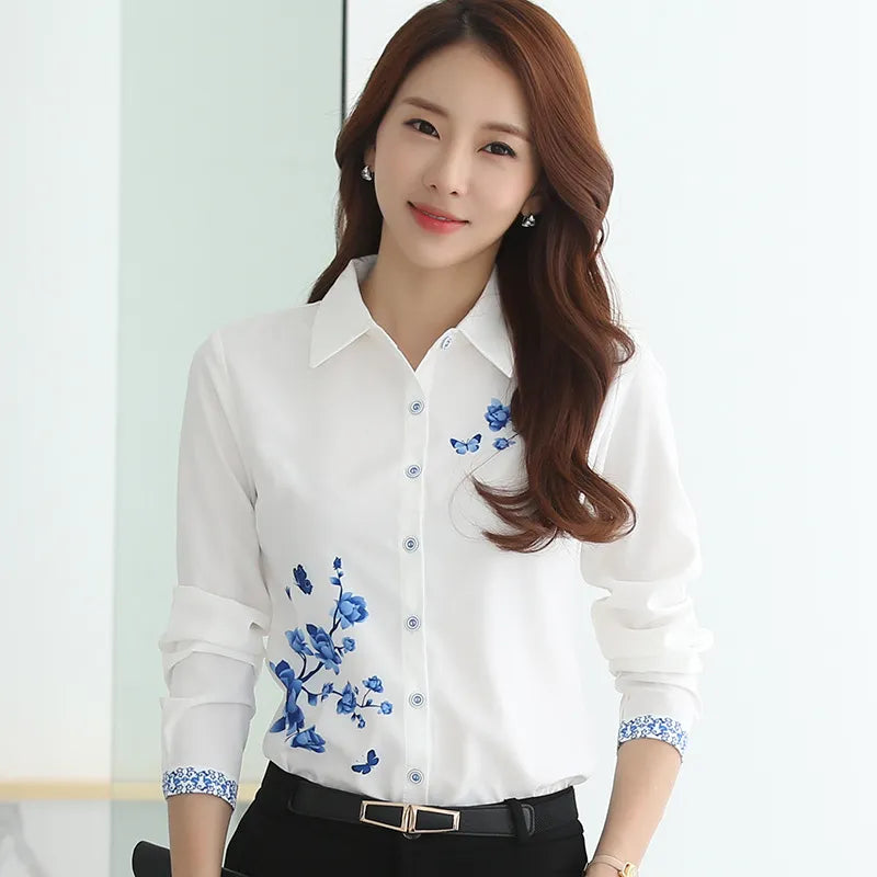 Long Sleeve Blue Butterfly Flower Print Blouse