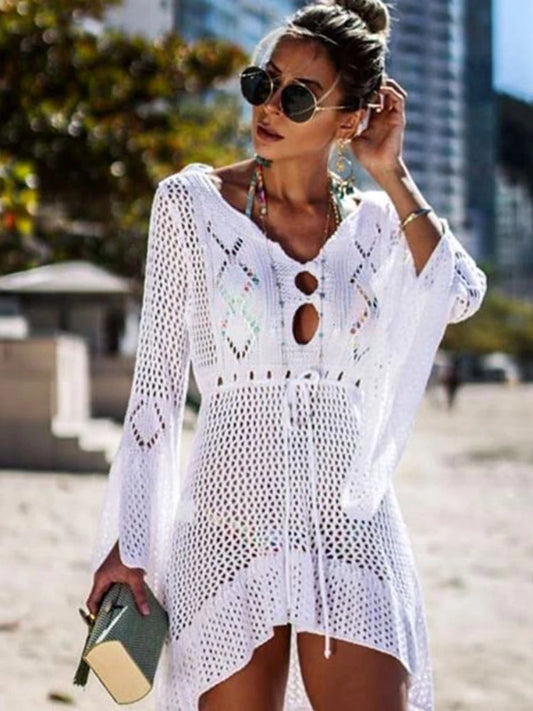 Summer Women Beachwear Sexy White Crochet Tunic Beach Wrap Dress