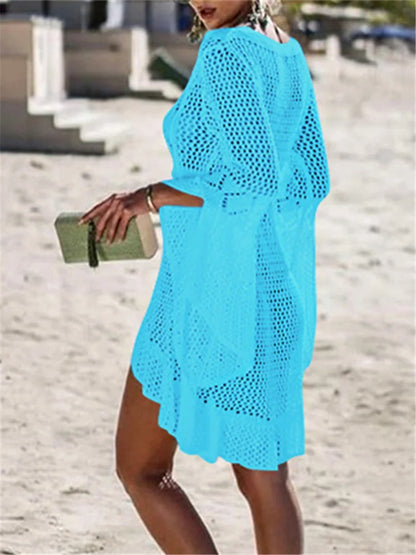 Summer Women Beachwear Sexy White Crochet Tunic Beach Wrap Dress