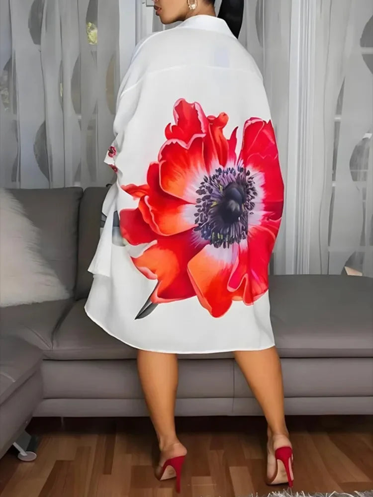 Women's Fashiowomen Half Sleeves Oversized Buttoned Casual Lapel Shirt Dress