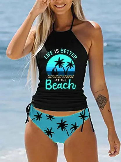 Women's Bathing Suit Coconut Drawstring Side Halter Neck Tankini Set Beach Wear
