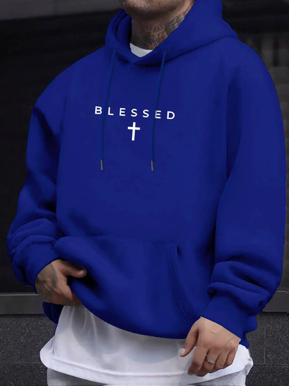 Casual Hooded Sweater With Blessing Cross Design and Geometric Patterns