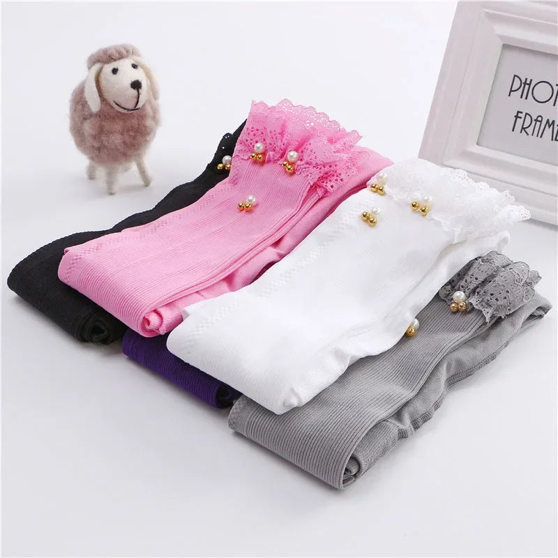 Girls Skinny Leggings Candy Color Lace Ruffles Mickey Beads Leggins