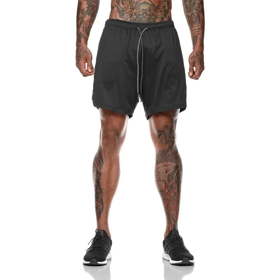 Men Fitness Built-In Pocket Sports Shorts Summer 2 in 1 Quick Dry Gym Beach wear