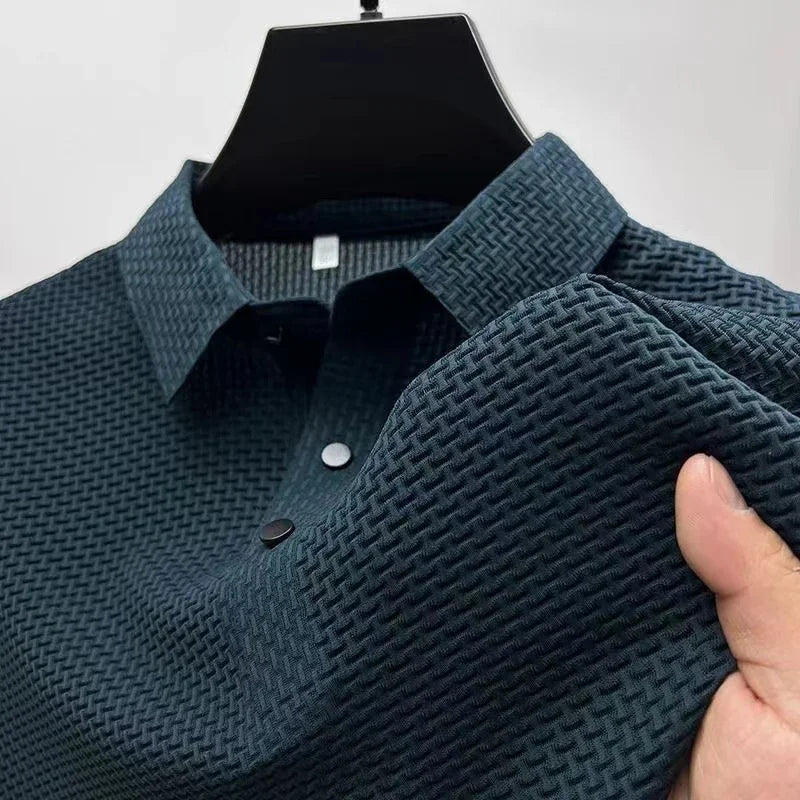 New Men's Business Casual Short Sleeved Bone Flower Solid Color POLO Shirt