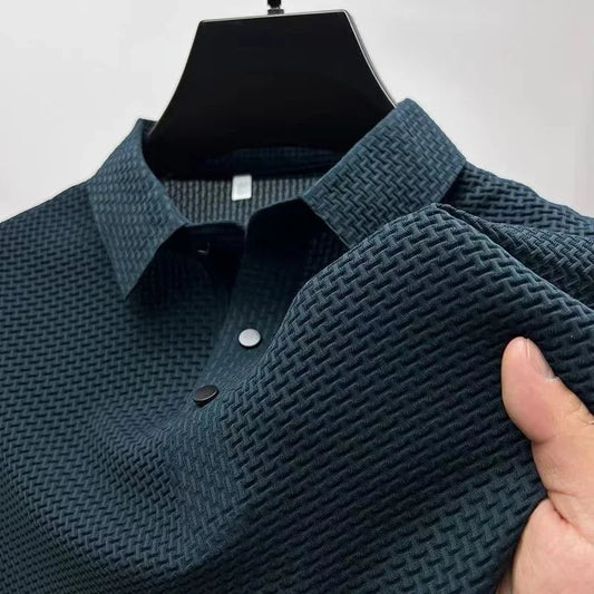 New Men's Business Casual Short Sleeved Bone Flower Solid Color POLO Shirt