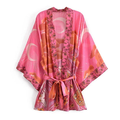 Boho Queens Women Floral Print Bat Sleeve Beach Bohemian Kimono Dresses
