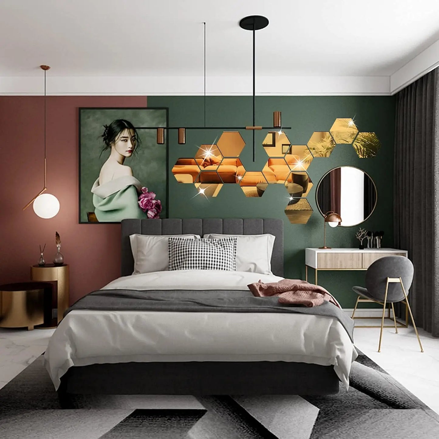 6/12pcs 3D Hexagon Mirror Wall Sticker Rose Gold DIY Room Stickers Wall Decor