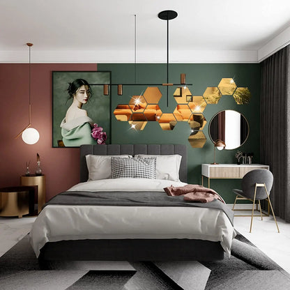 6/12pcs 3D Hexagon Mirror Wall Sticker Rose Gold DIY Room Stickers Wall Decor