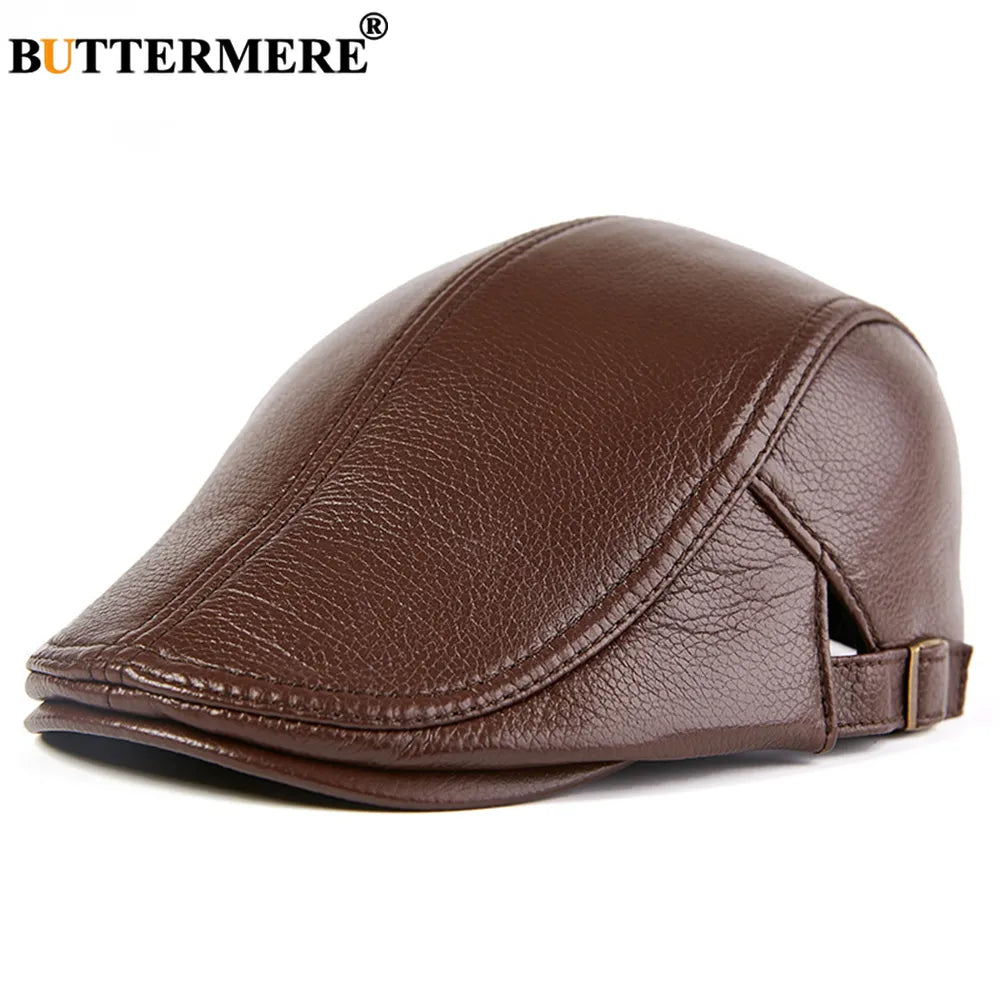 Men Beret Hat Real Leather Flat Cap Sheepskin Autumn Winter Male