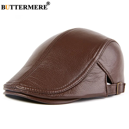Men Beret Hat Real Leather Flat Cap Sheepskin Autumn Winter Male