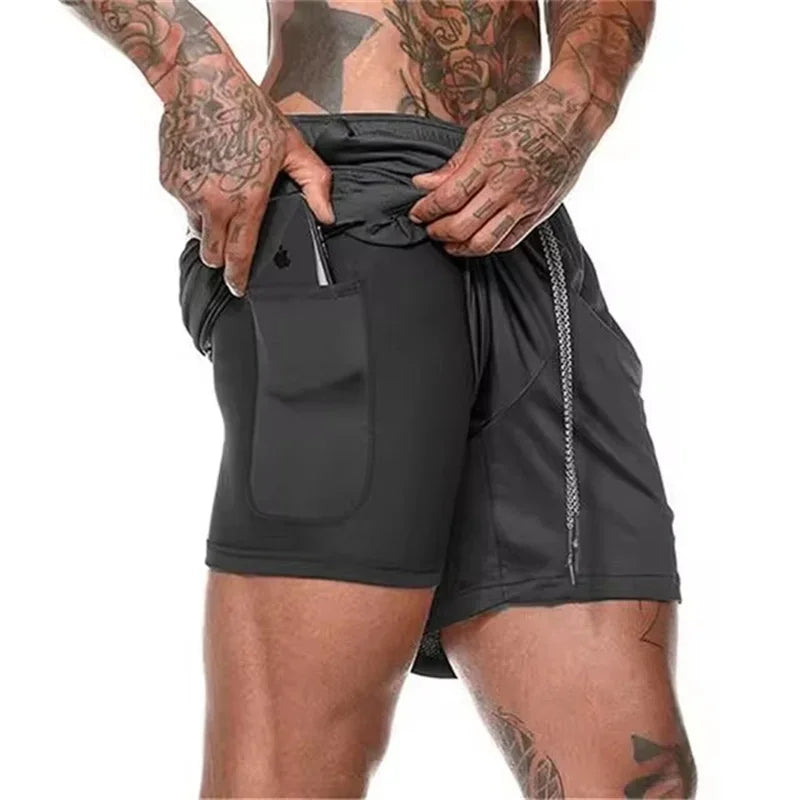 Men Fitness Built-In Pocket Sports Shorts Summer 2 in 1 Quick Dry Gym Beach wear