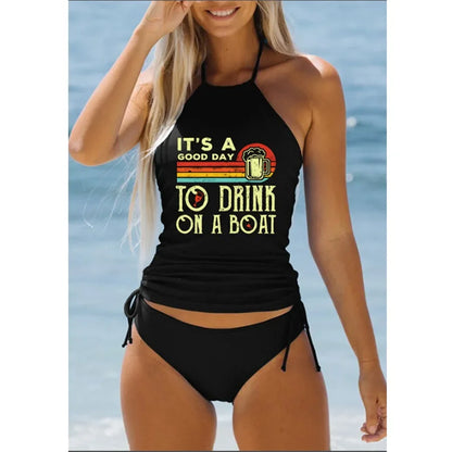Women's Bathing Suit Coconut Drawstring Side Halter Neck Tankini Set Beach Wear