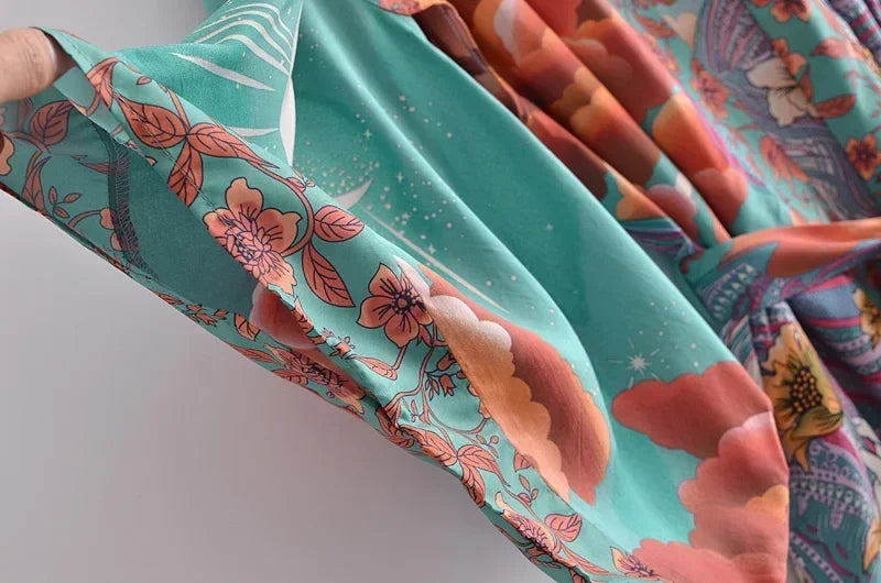 Boho Queens Women Floral Print Bat Sleeve Beach Bohemian Kimono Dresses