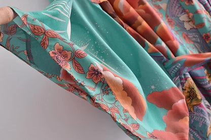 Boho Queens Women Floral Print Bat Sleeve Beach Bohemian Kimono Dresses