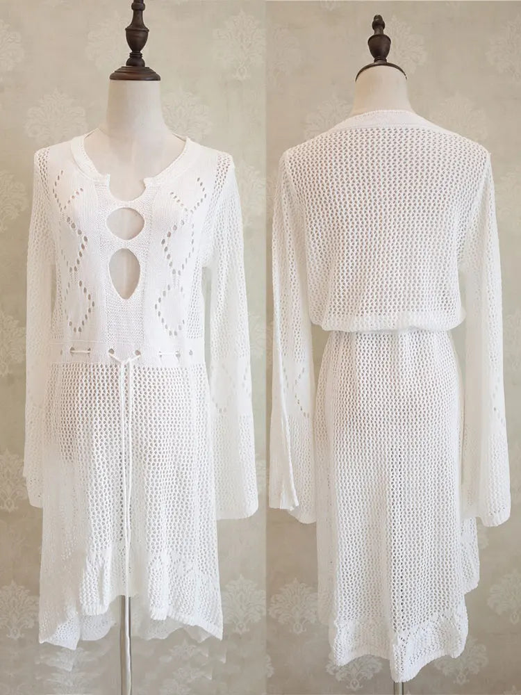 Summer Women Beachwear Sexy White Crochet Tunic Beach Wrap Dress