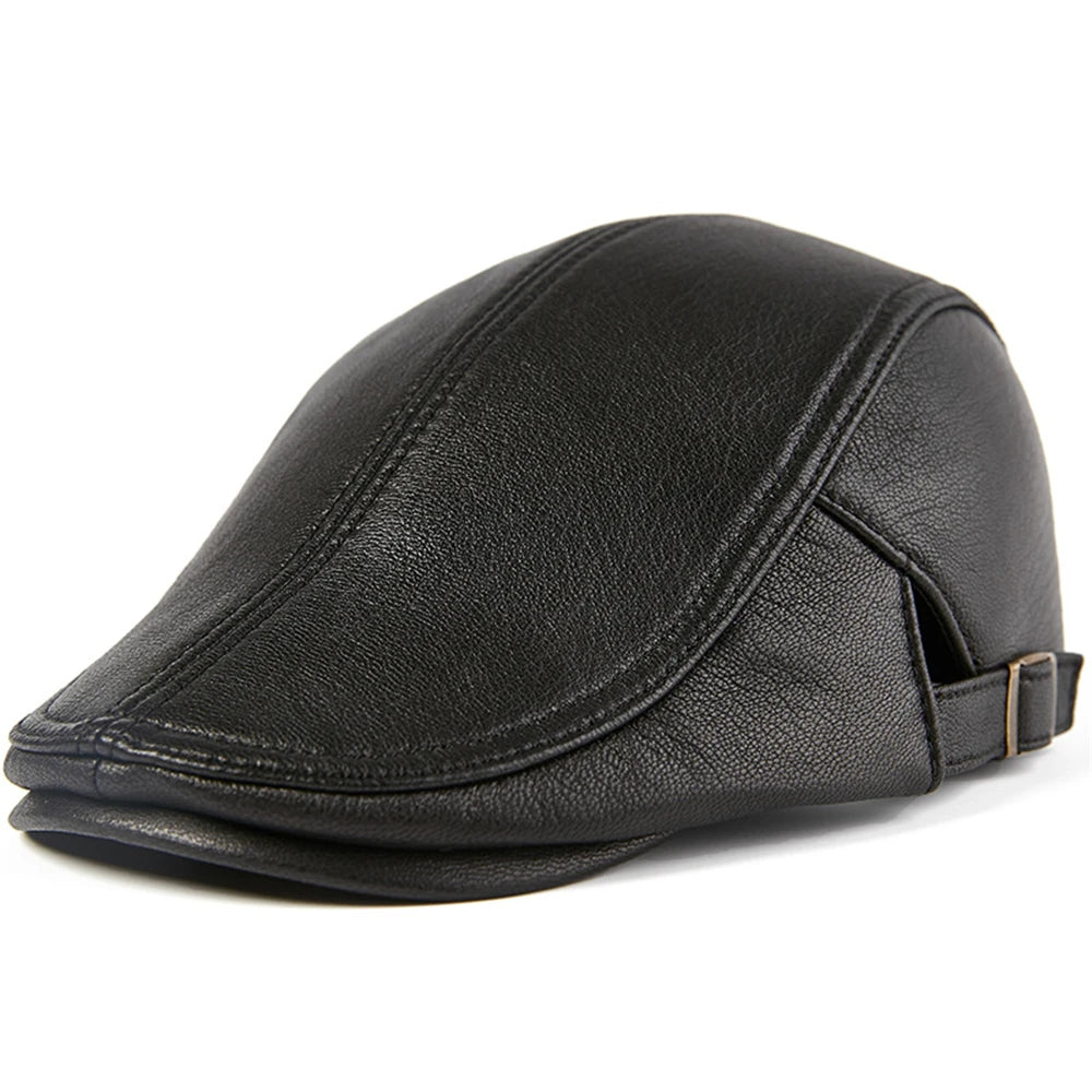 Men Beret Hat Real Leather Flat Cap Sheepskin Autumn Winter Male