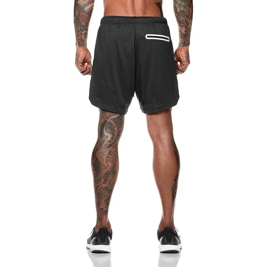 Men Fitness Built-In Pocket Sports Shorts Summer 2 in 1 Quick Dry Gym Beach wear