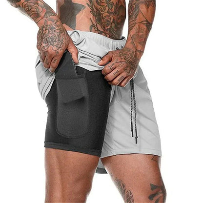 Men Fitness Built-In Pocket Sports Shorts Summer 2 in 1 Quick Dry Gym Beach wear