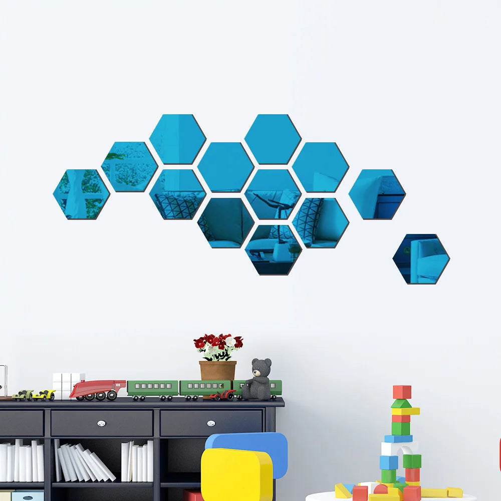 6/12pcs 3D Hexagon Mirror Wall Sticker Rose Gold DIY Room Stickers Wall Decor