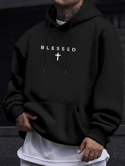 Casual Hooded Sweater With Blessing Cross Design and Geometric Patterns